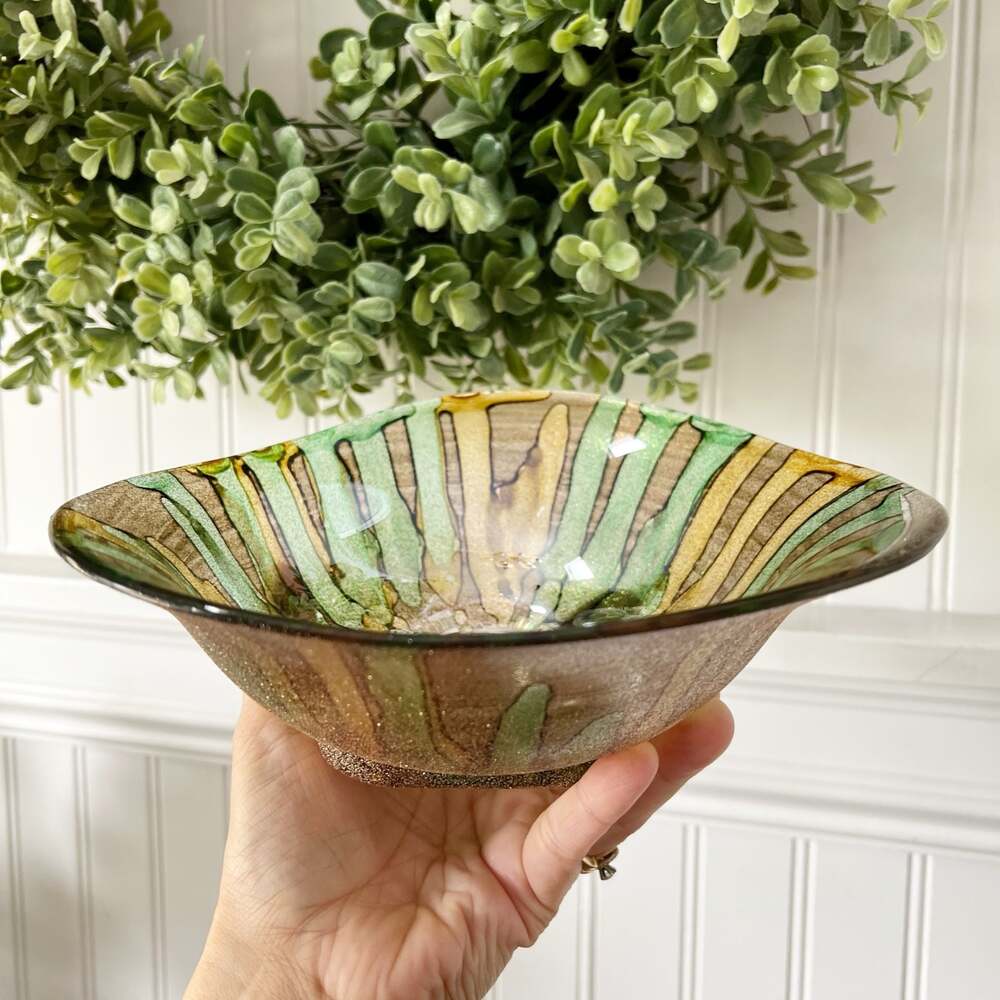 Vintage Quadrifoglio Italian Art Glass Decorative Bowl with Metallic Green and G